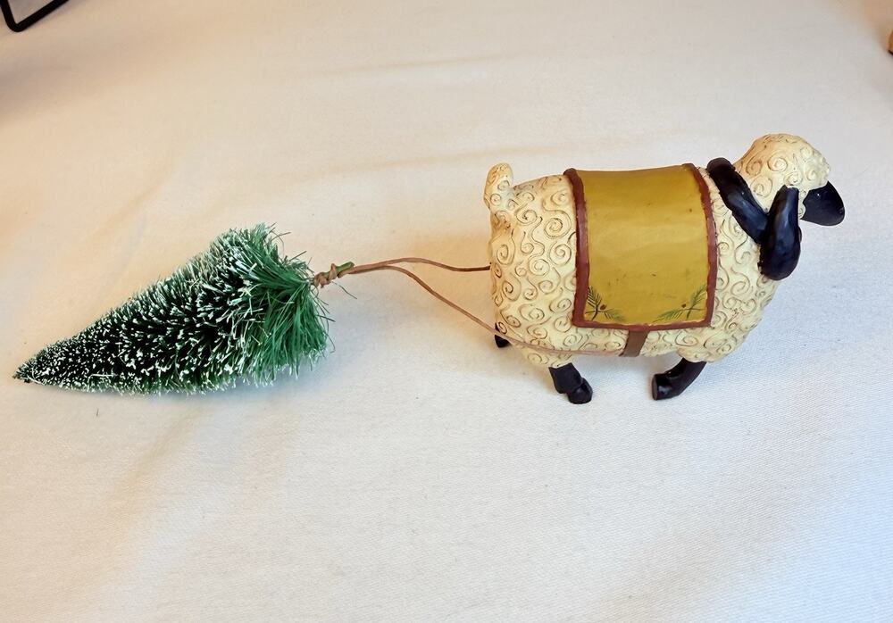Blossom Bucket Betty Folk Art Sheep Pulling Christmas Tree